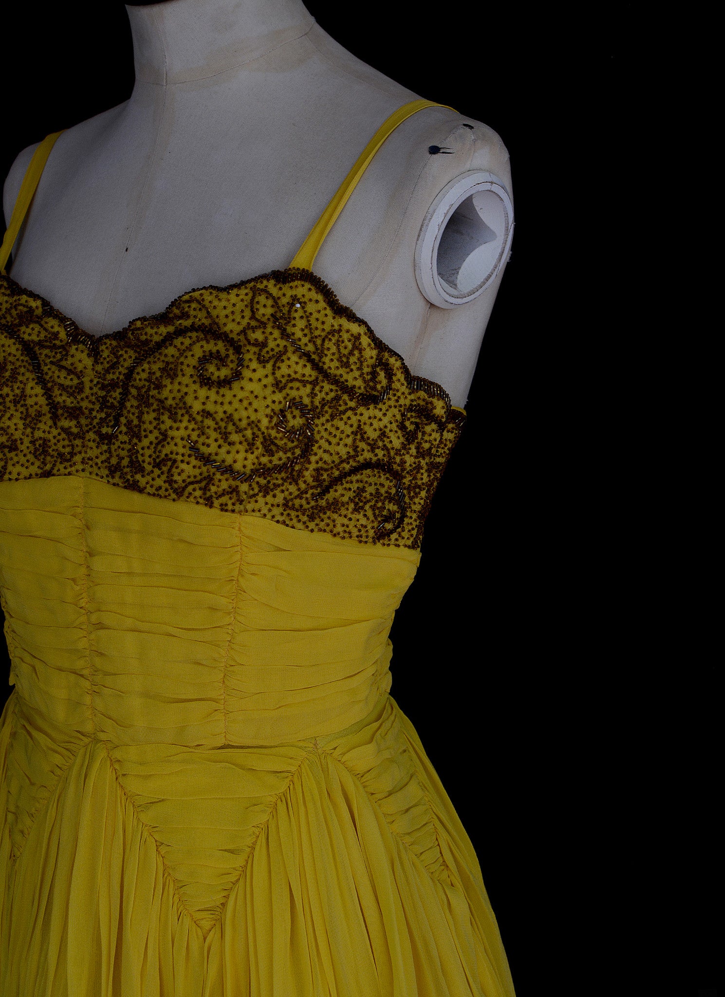 Vintage 1950s Beaded Yellow Chiffon Gown
