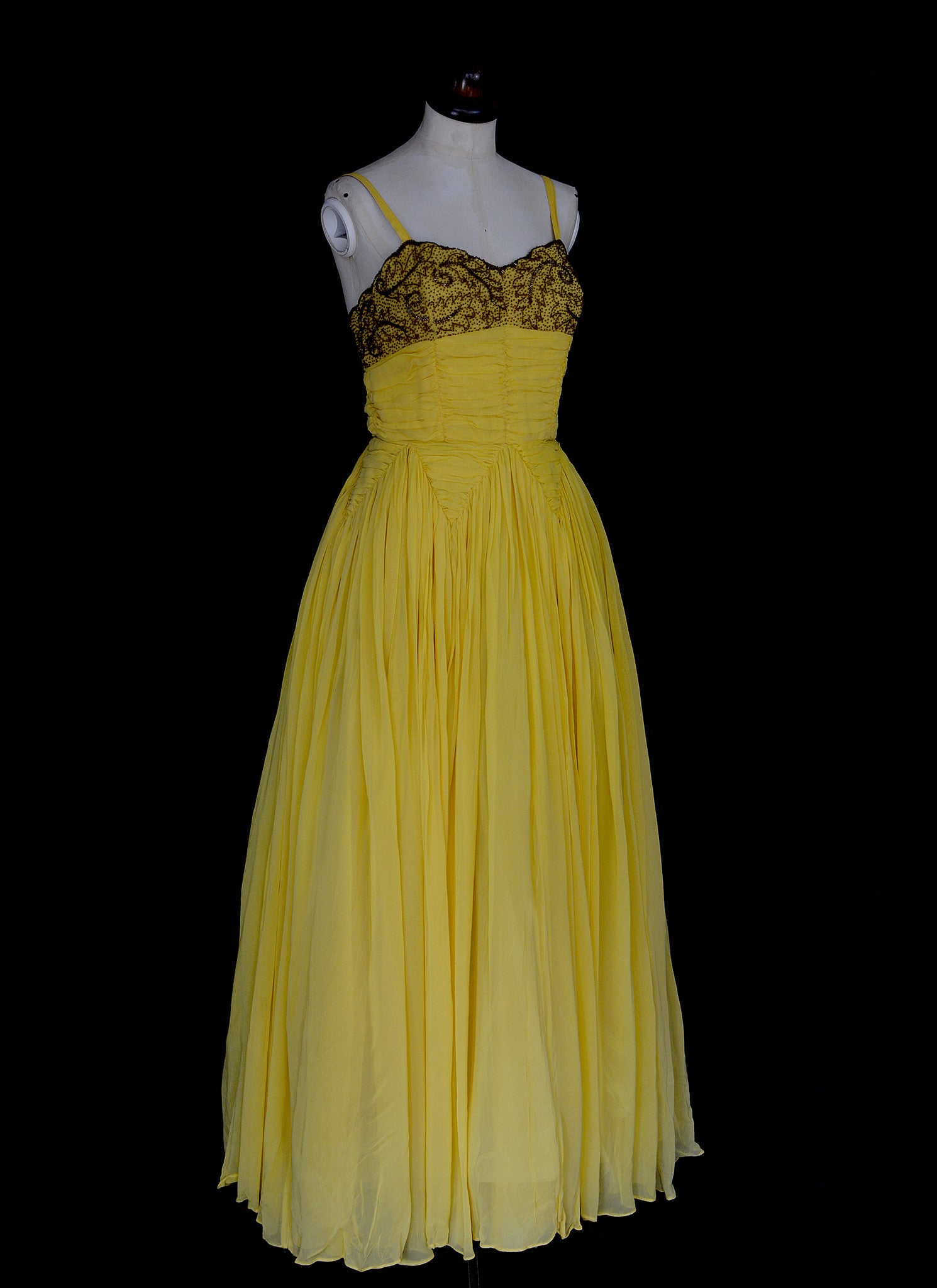 Vintage 1950s Beaded Yellow Chiffon Gown