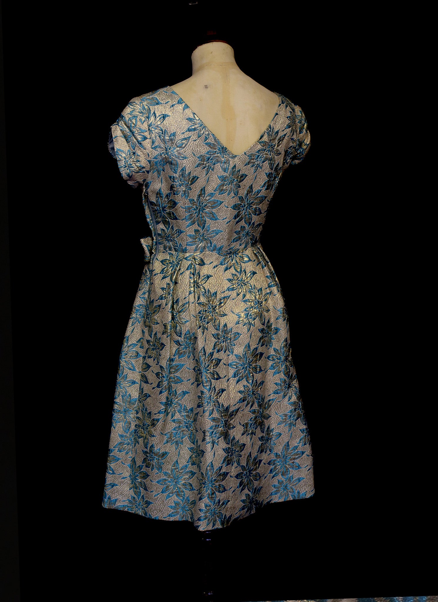 Vintage 1960s Blue Gold Brocade Cocktail Dress