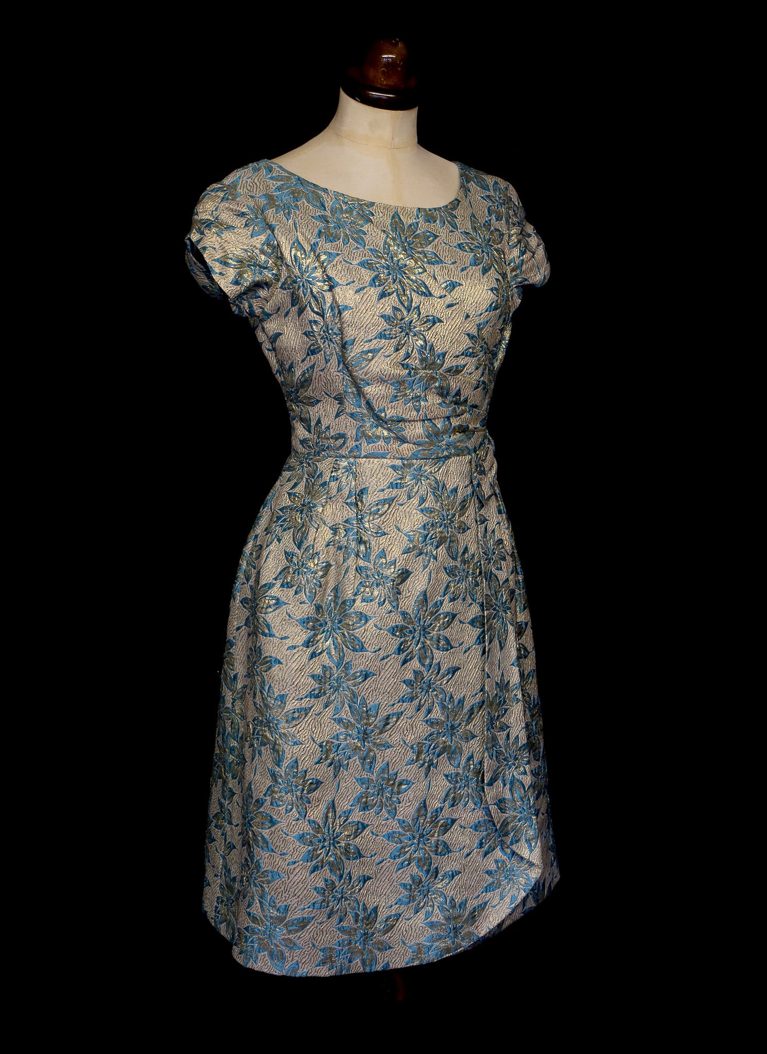Vintage 1960s Blue Gold Brocade Cocktail Dress ALEXANDRAKING