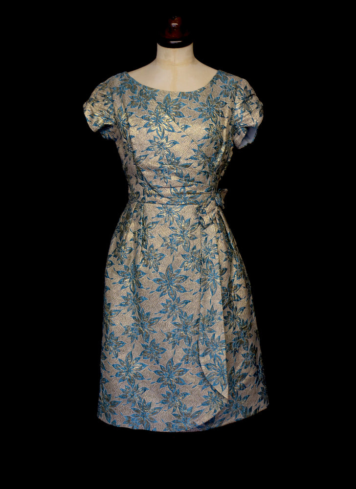 Vintage 1960s Blue Gold Brocade Cocktail Dress