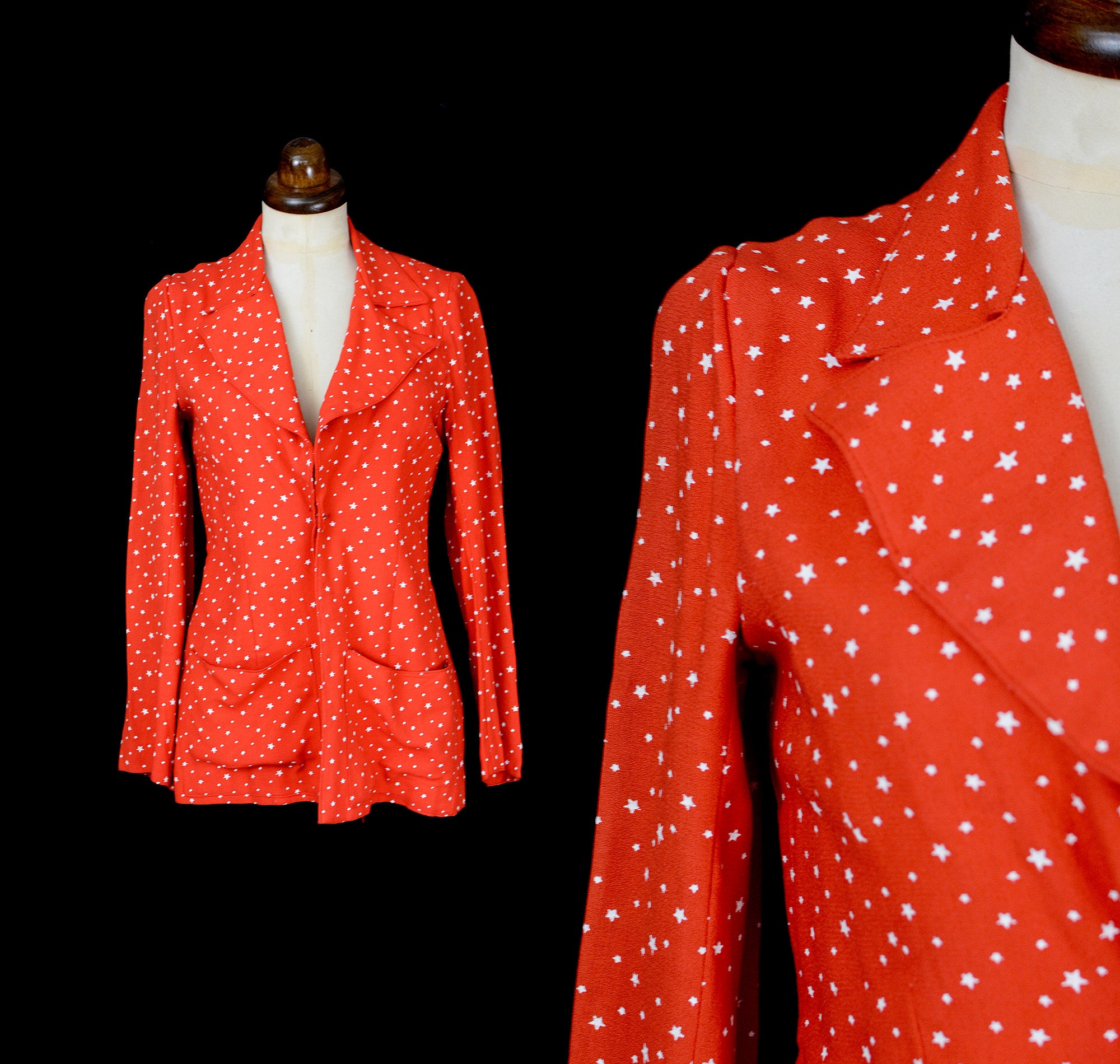 Vintage 1970s Georgina Linhart Red Star Print Moss Crepe Top