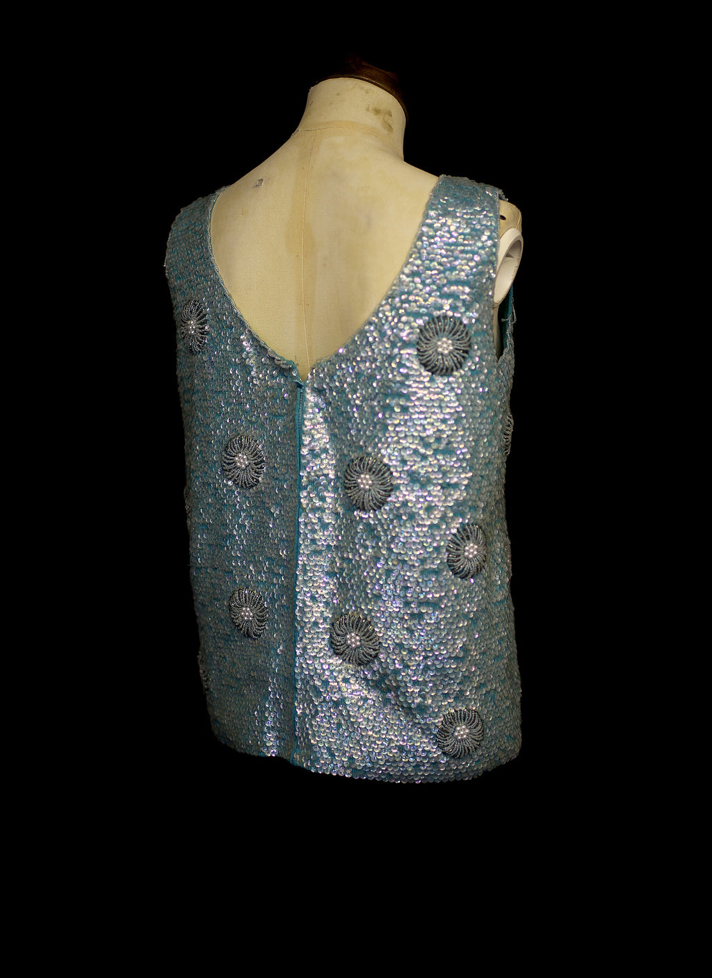 Vintage 1960s Blue Floral Sequin Top