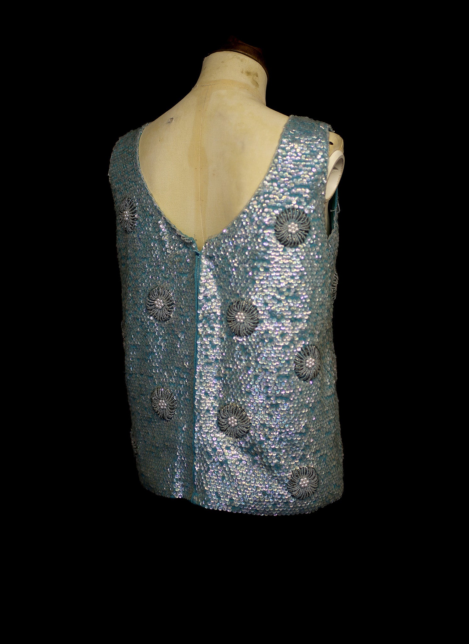 Vintage 1960s Blue Floral Sequin Top