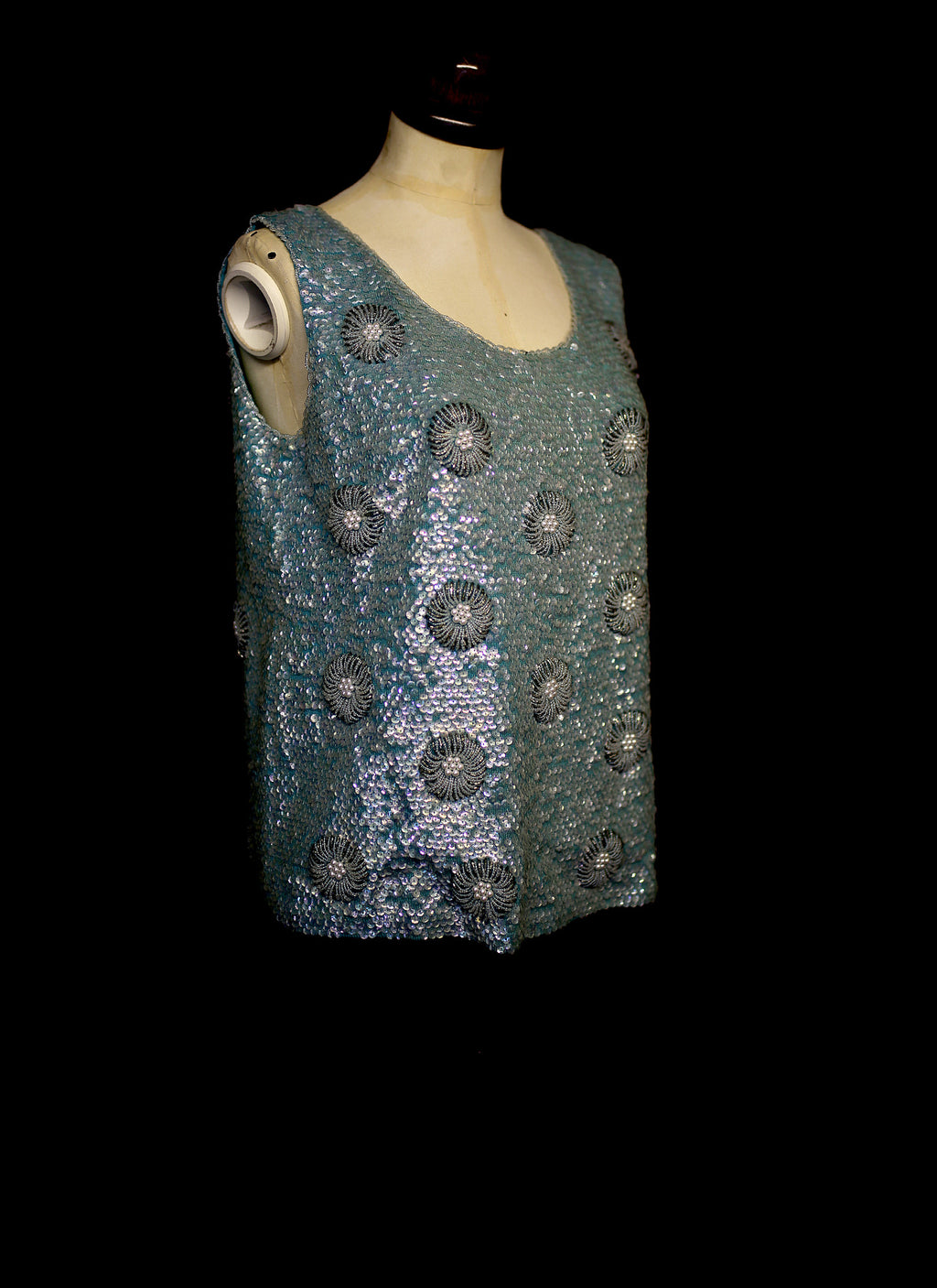 Vintage 1960s Blue Floral Sequin Top