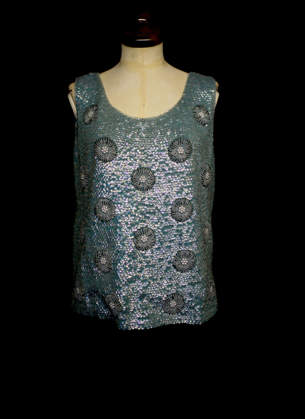 Vintage 1960s Blue Floral Sequin Top