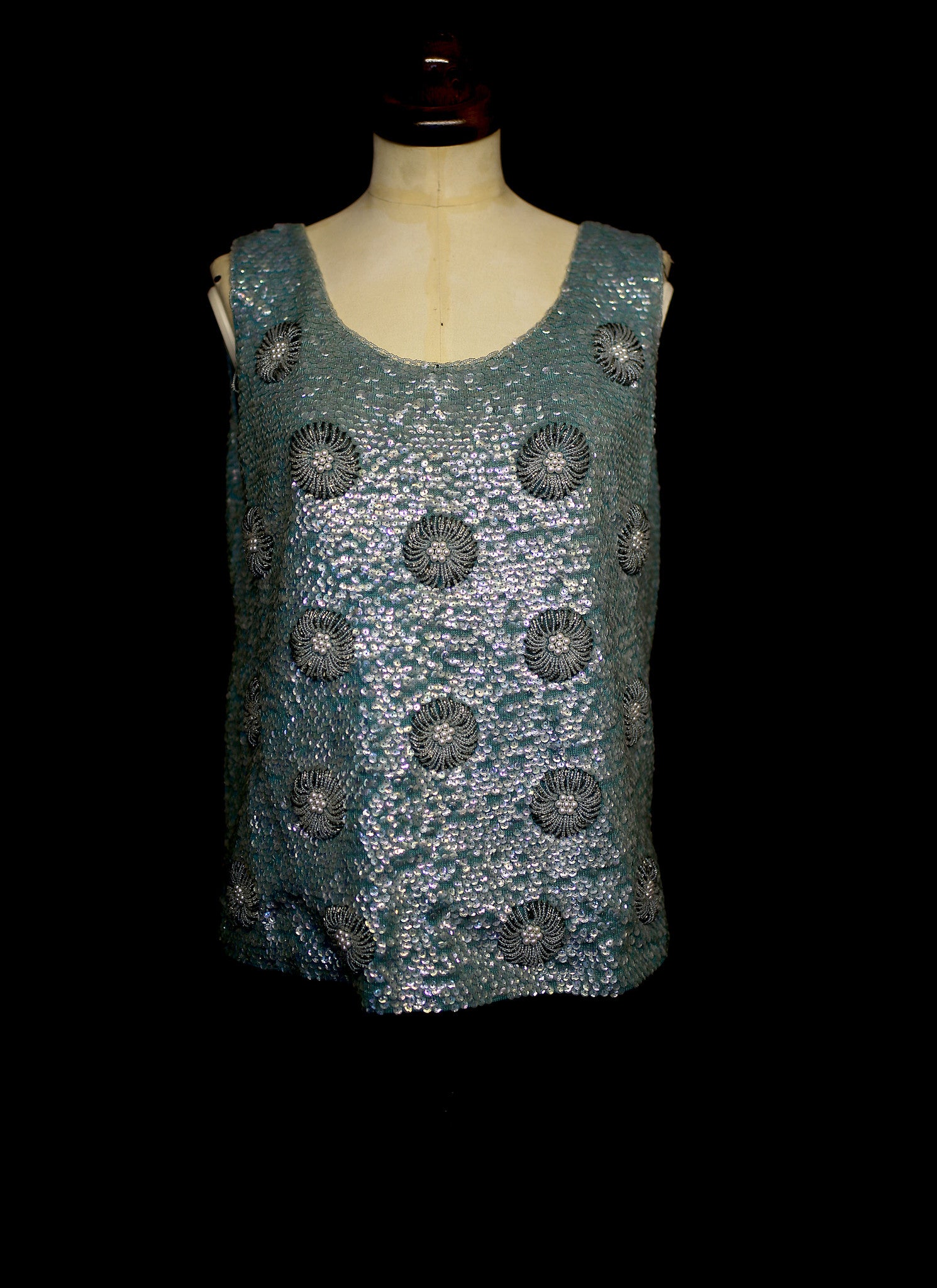 Vintage 1960s Blue Floral Sequin Top