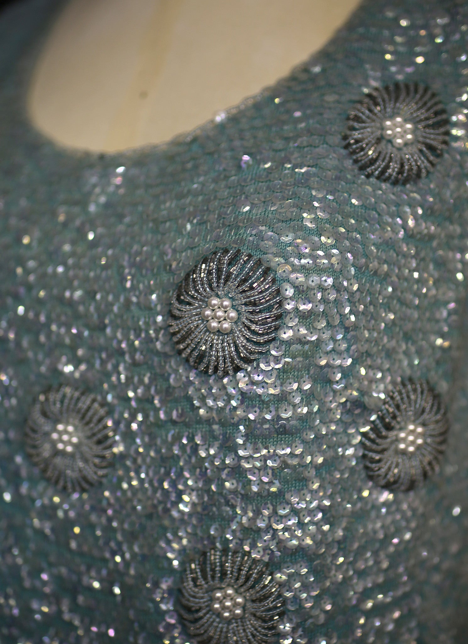 Vintage 1960s Blue Floral Sequin Top