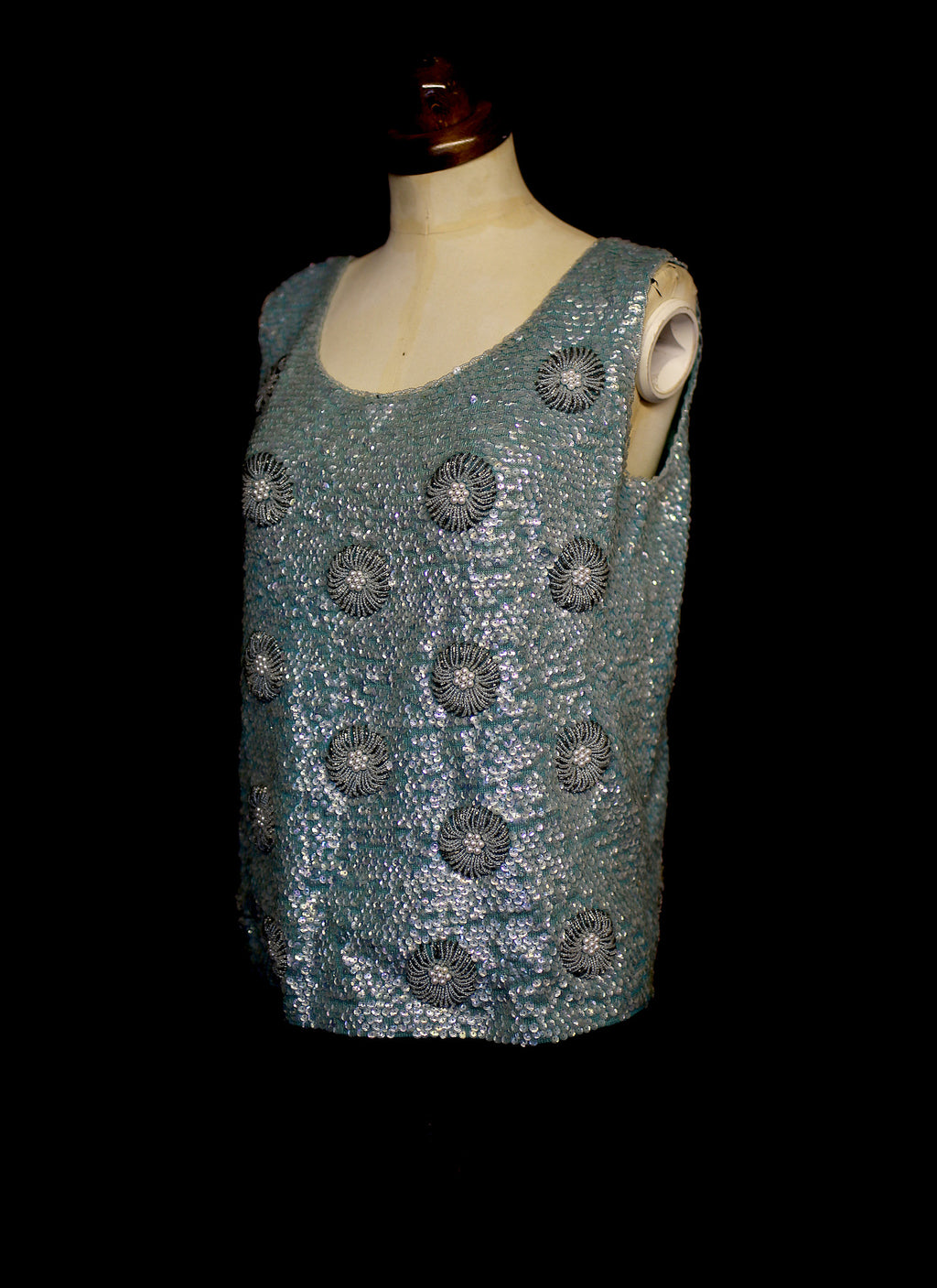 Vintage 1960s Blue Floral Sequin Top