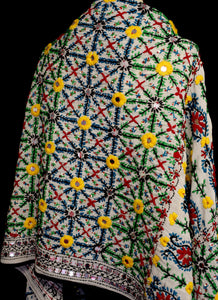 Vintage 1970s Indian Phulkari Multi Embroidered Wool Wrap