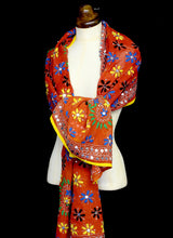 Vintage 1970s Orange Phulkari Embroidered Silk Wrap