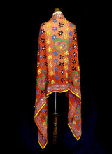 Vintage 1970s Orange Phulkari Embroidered Silk Wrap