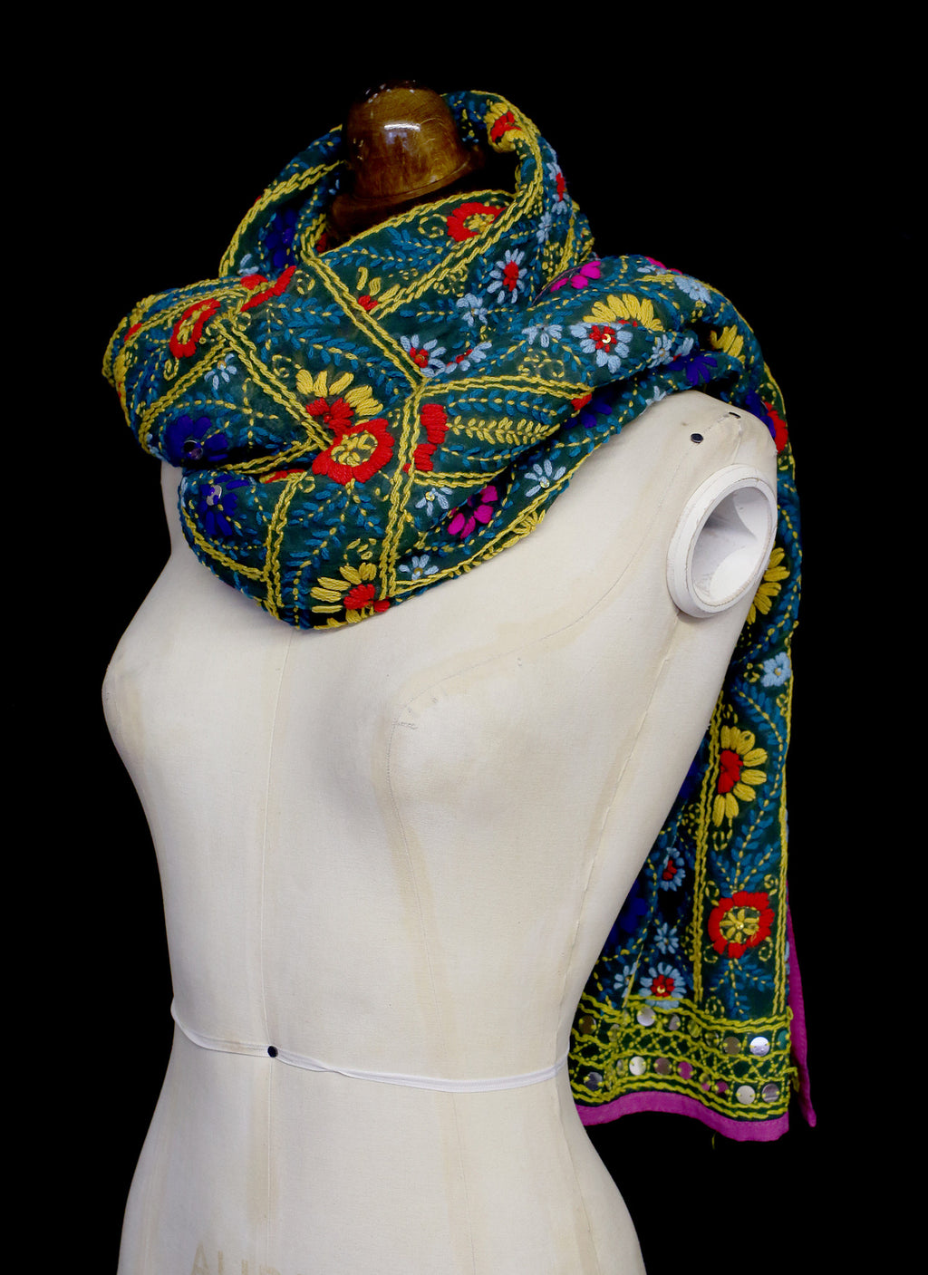 Vintage Indian Phulkari Green Embroidered Silk Wrap Shawl