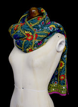 Vintage Indian Phulkari Green Embroidered Silk Wrap Shawl