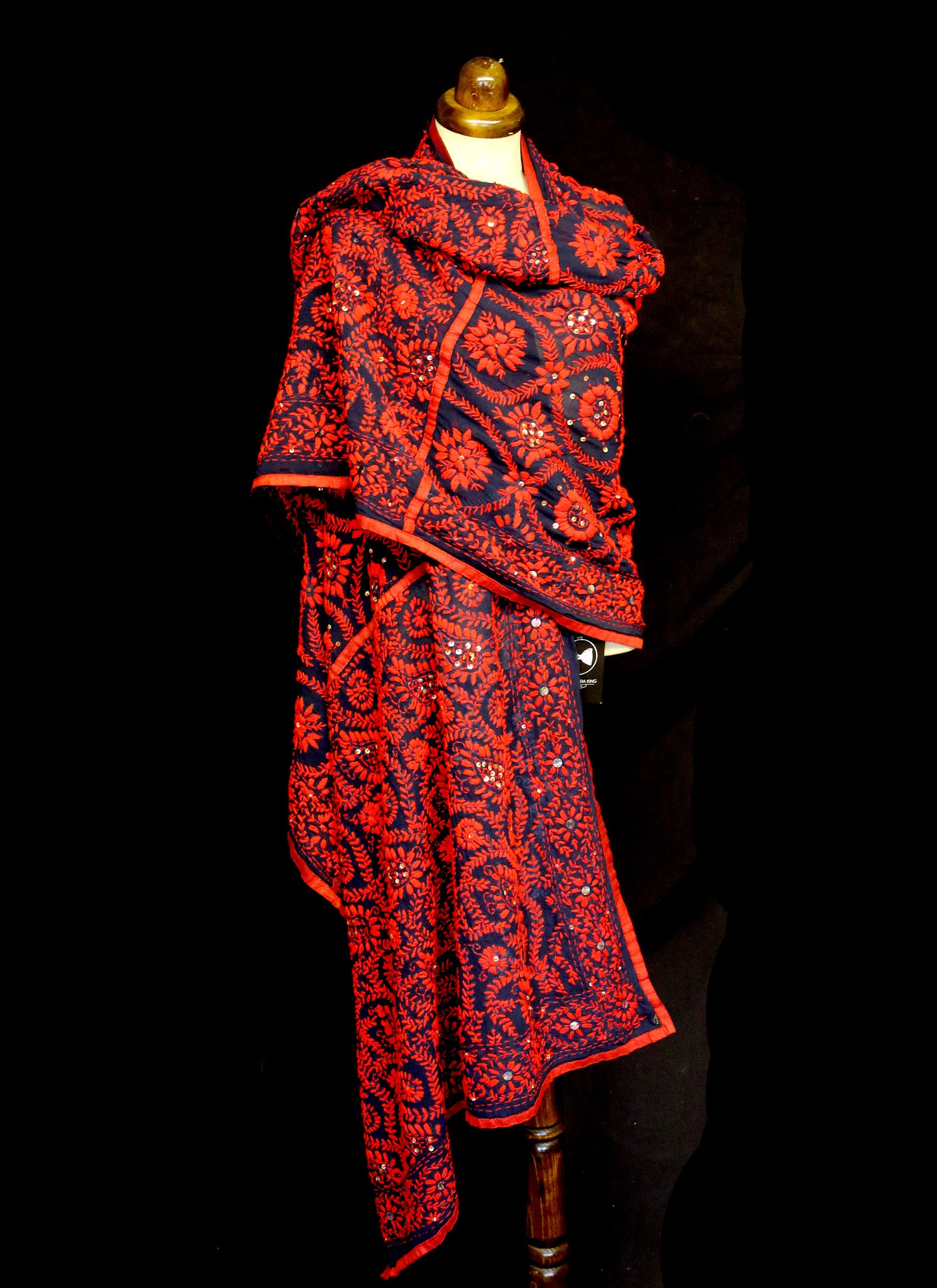 Vintage Indian Red Phulkari Embroidered Long Wrap