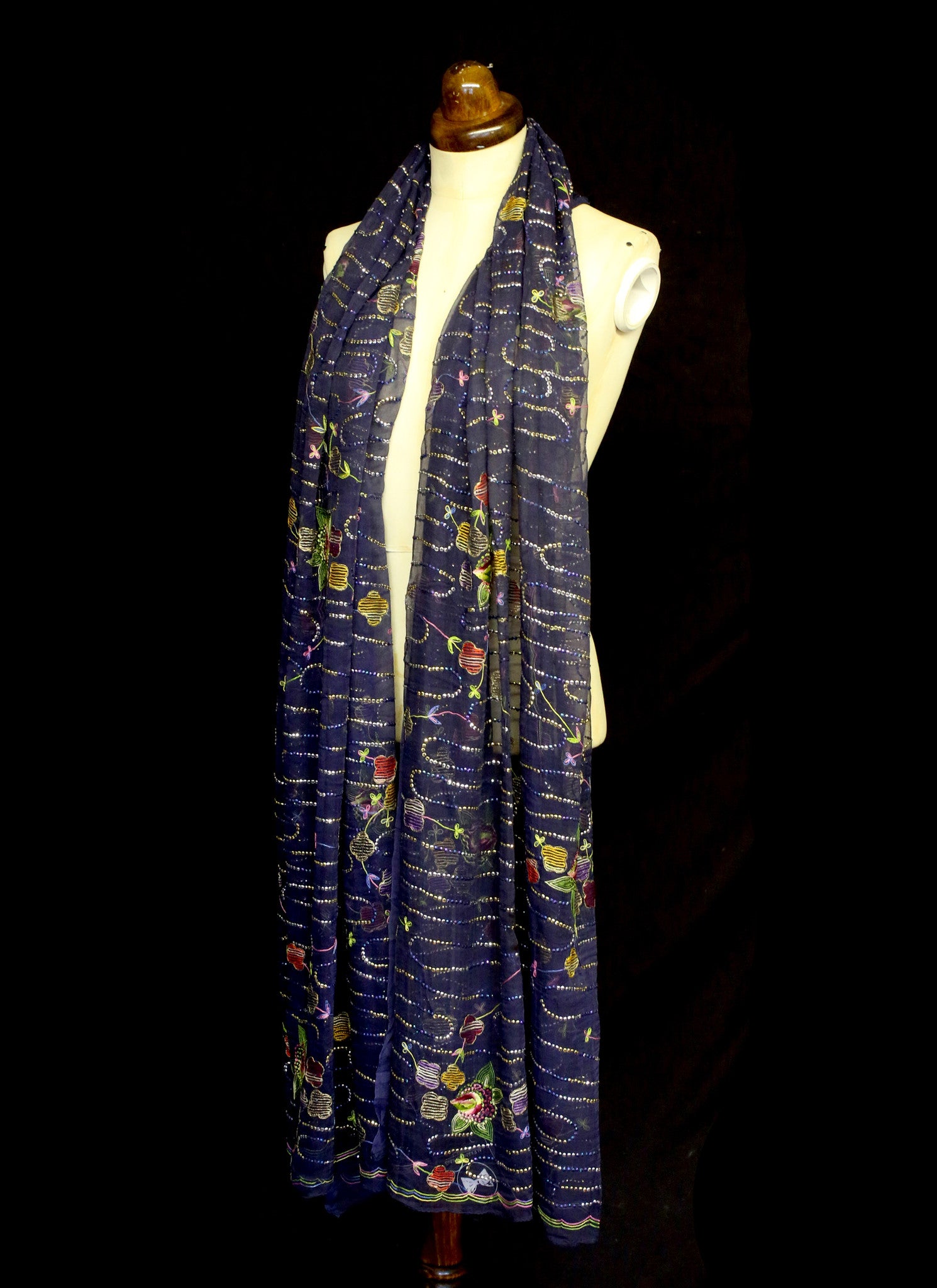 Vintage Navy Blue Silk Chiffon Embroidered Wrap