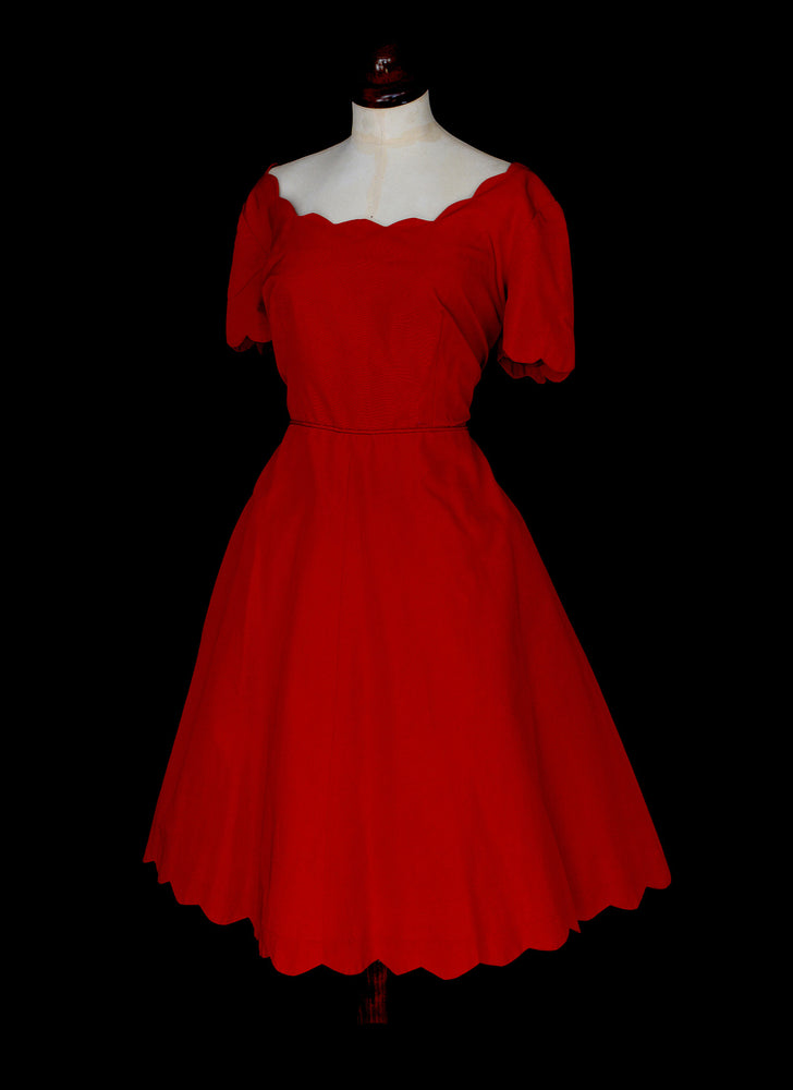 Vintage 1960s Red Grosgrain Scallop Dress