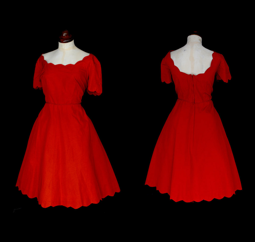 Vintage 1960s Red Grosgrain Scallop Dress