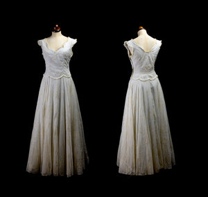 Vintage 1950s Flocked Blue Gown