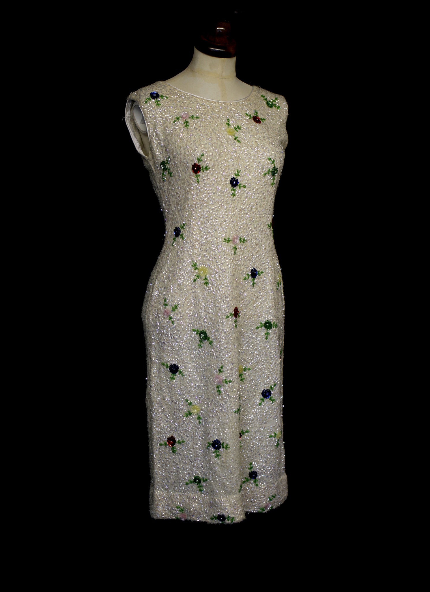 Vintage 1960s White Floral Sequin Wiggle Dress